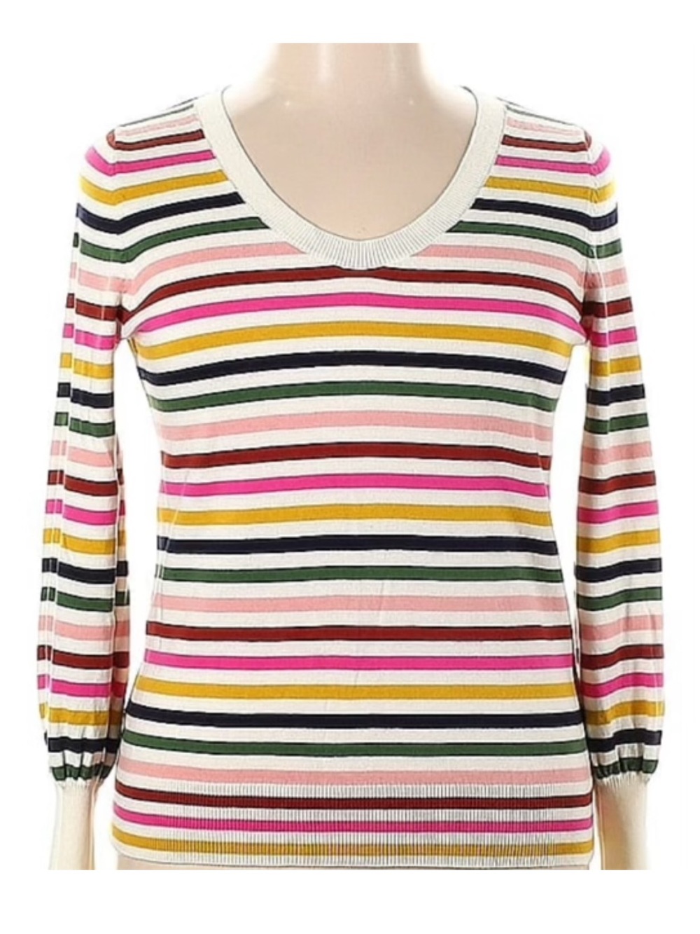 Boden Striped V-Neck Sweater in Cream, Pink, Yellow, Green & Navy